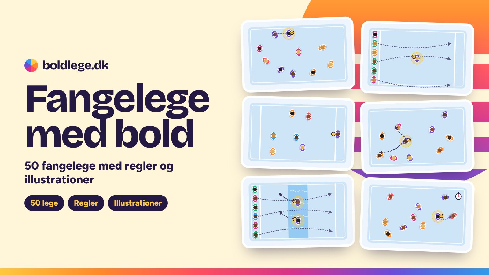 Fangelege med bold: illustrationer af tagfat med bold, hajbold, Hr. Løve, bolden er helle, krokodillebold og bomben – 50 lege på Boldlege.dk