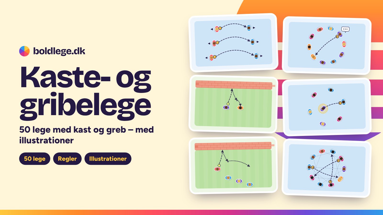Kaste- og gribelege: illustrationer af et skridt tilbage, navnebold, tiere, abe i midten, murbold og mønsterkast – 50 lege på Boldlege.dk