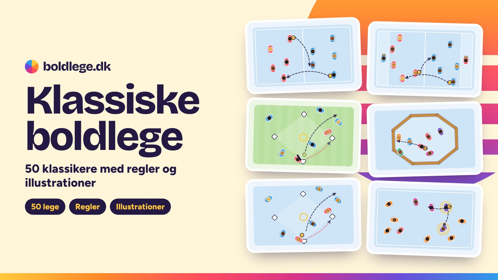 Klassiske boldlege: illustrationer af stikbold, høvdingebold, rundbold, gagabold, Baseball5 og jægerbold – 50 lege på Boldlege.dk