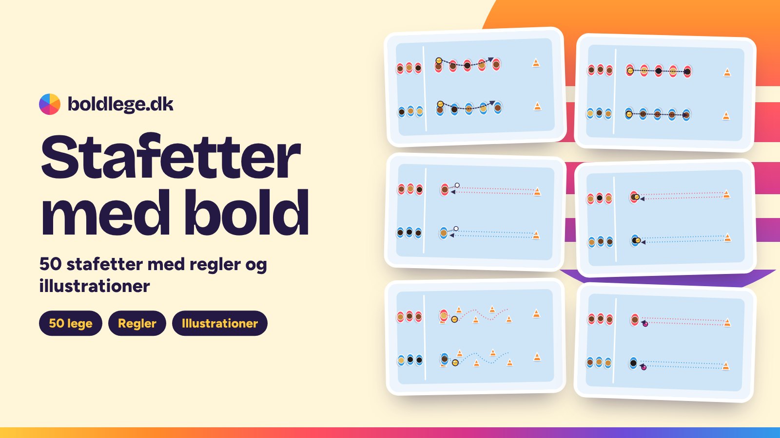 Stafetter med bold: illustrationer af boldstafet, tunnelstafet, bold på skeen, pingvinstafet, slalomstafet med bold og trillestafet – 50 lege på Boldlege.dk